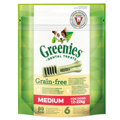 Greenies Dental Treats Grain-free, medium, voor honden 12–22 kg, 89 kcal per snack, 6 stuks. EVDS keurmerk zichtbaar op verpakking.