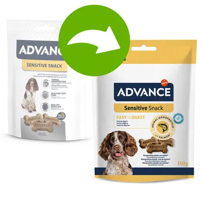 ADVANCE Sensitive Snack, EASY TO DIGEST, ANIMAL MONOPROTEIN with SALMON, 150 g. Obal s obrázkem psa a sušenek ve tvaru kosti s nápisem ADVANCE.