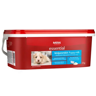 MERA essential Welpenmilch Puppy milk, 2 kg spand. Tekst: Supplementary nutrition for puppies, 25,2 % protein, 18 % fat, Colostrum, Made in Germany.