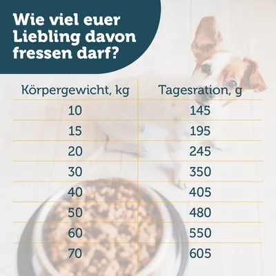Fütterungstabelle: Körpergewicht in kg (10-70) und empfohlene Tagesration in g (145-605). Überschrift: Wie viel euer Liebling davon fressen darf?