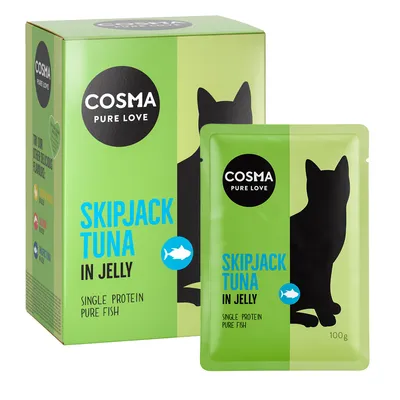 Cosma Pure Love Skipjack Tuna in Jelly, Single Protein, Pure Fish, 100g. Verpackung und Einzelbeutel sichtbar.