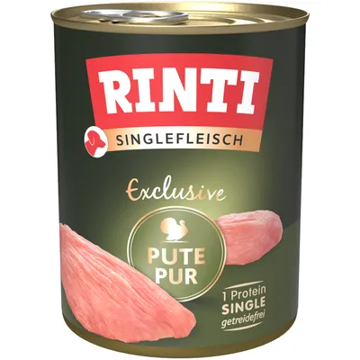 RINTI Singlefleisch Exclusive Pute Pur, 1 Protein Single, getreidefrei. Dose mit Abbildung von frischem Putenfleisch.