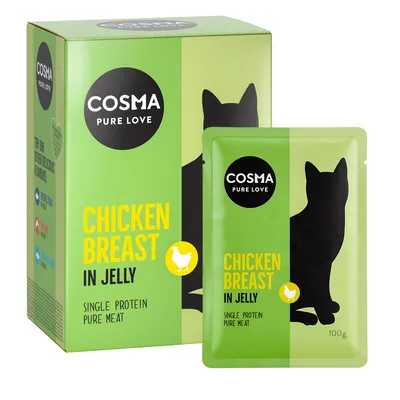Cosma Pure Love Chicken Breast in Jelly, Single Protein, Pure Meat, Verpackung und 100g Beutel sichtbar.