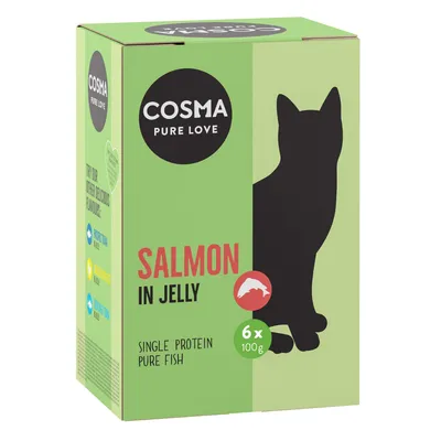 Cosma Pure Love Salmon in Jelly, single protein pure fish, pack of 6 x 100g portions. Product packaging shows silhouette of an animal.