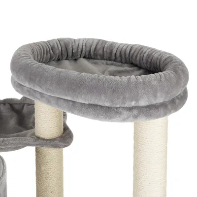 Grey, padded pet bed on a scratching post with sisal-wrapped posts. Ideal for pets to relax.