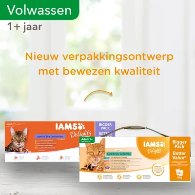 IAMS Delights Land & Sea Collection Adult 1+ kattenvoer, nieuw verpakkingsontwerp met bewezen kwaliteit, Bigger Pack Better Value, 48x85g. Voor volwassen katten vanaf 1 jaar.
