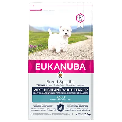 Eukanuba Breed Specific Premium dry food for West Highland White Terrier, Scottish, Cairn & Welsh Terriers and Miniature Schnauzers. Adult, 1 year+, supports healthy digestion. 2.5kg.
