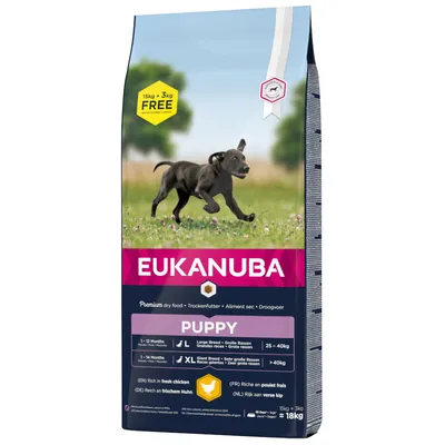EUKANUBA PUPPY száraztáp, 15 kg + 3 kg FREE, nagytestű és óriás testű kölyökkutyáknak, friss csirkehússal, 18 kg-os csomagolás látható.
