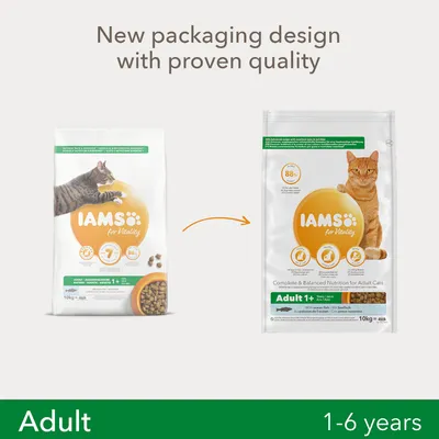 IAMS for Vitality Adult 1+ kissanruoka, vanha ja uusi pakkaus, 10 kg. Teksti: New packaging design with proven quality. Alareunassa: Adult 1–6 years.