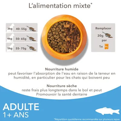 Tableau d’alimentation mixte pour chats adultes 1+ ans : 3 kg 40–55 g, 4 kg 50–65 g, 5 kg 55–75 g. Remplacer 20 g de croquettes par 1x 85 g sachet humide. Conseils sur nourriture humide et sèche.