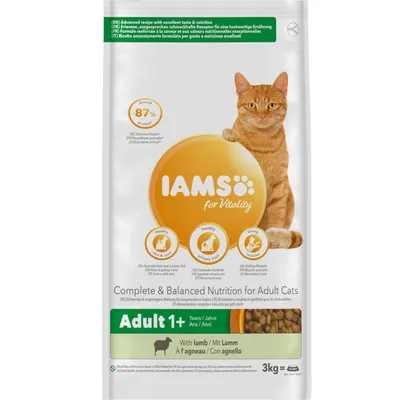 IAMS for Vitality Adult 1+ kissanruoka lampaanlihalla, 3 kg. Teksti: Animal protein 87 %, Complete & Balanced Nutrition for Adult Cats, With lamb. Oranssi kissa pakkauksessa.