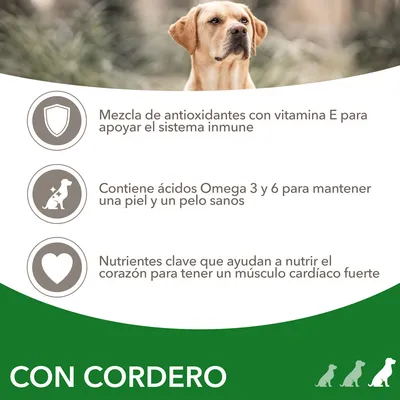 Mezcla de antioxidantes con vitamina E, ácidos Omega 3 y 6 para piel y pelo sanos, nutrientes clave para el corazón. Texto destacado: CON CORDERO.