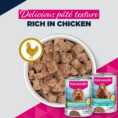Eukanuba Sensitive Digestion märkäruoka, runsaasti kanaa, pateemainen koostumus. Kuvassa kaksi purkkia: Puppy ja Adult S-XL. Eukanuba Sensitive Digestion märkäruoka, runsaasti kanaa, pateemainen koostumus. Kuvassa kaksi purkkia: Puppy ja Adult S-XL.