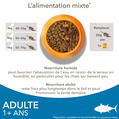 Conseils d’alimentation mixte pour chats adultes 1+ an : 3 kg 40–55 g, 4 kg 50–65 g, 5 kg 55–75 g. Remplacer 20 g de croquettes par 1x 85 g sachet humide. Avantages nourriture humide et sèche.