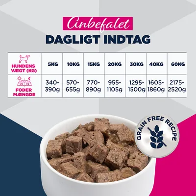Fodringstabel: Anbefalet daglig mængde afhængigt af hundens vægt fra 5, kg til 60, kg, angivet i gram. Bemærk: Kornfri opskrift. Fodringstabel: Anbefalet daglig mængde afhængigt af hundens vægt fra 5, kg til 60, kg, angivet i gram. Bemærk: Kornfri opskrift.