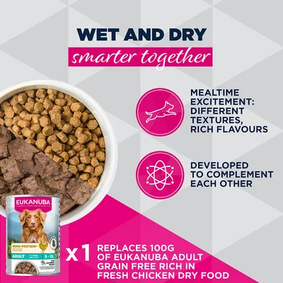 Eukanuba Mono-Protein Adult märkäruoka korvaa 100 g Eukanuba Adult Grain Free -kuivaruokaa. Erilaisia koostumuksia ja makuja, kehitetty täydennykseksi.