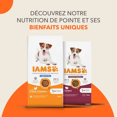 Deux sacs de croquettes IAMS pour chiens, 12 kg : Light in fat au poulet frais et Sensitive Digestion à la dinde, pour chiens de plus de 1 an. Texte visible : bienfaits uniques.