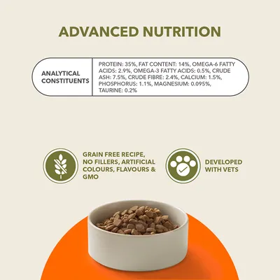 Näringsanalys: protein 35 %, fett 14 %, omega-6 2,9 %, omega-3 0,5 %, aska 7,5 %, fiber 2,4 %, kalcium 1,5 %, fosfor 1,1 %, magnesium 0,095 %, taurin 0,2 %.
