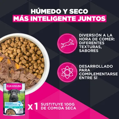 Eukanuba pienso y comida húmeda, desarrollados como complemento, diferentes texturas y sabores. 1 lata sustituye a 100 g de pienso. Eukanuba pienso y comida húmeda, desarrollados como complemento, diferentes texturas y sabores. 1 lata sustituye a 100 g de pienso.