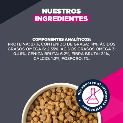 Análisis: proteína 27%, grasa 14%, ácidos grasos omega-6 2,35%, ácidos grasos omega-3 0,46%, ceniza bruta 6,2%, fibra bruta 2,1%, calcio 1,2%, fósforo 1%. Sin aromas ni colorantes artificiales. Análisis: proteína 27%, grasa 14%, ácidos grasos omega-6 2,35%, ácidos grasos omega-3 0,46%, ceniza bruta 6,2%, fibra bruta 2,1%, calcio 1,2%, fósforo 1%. Sin aromas ni colorantes artificiales.