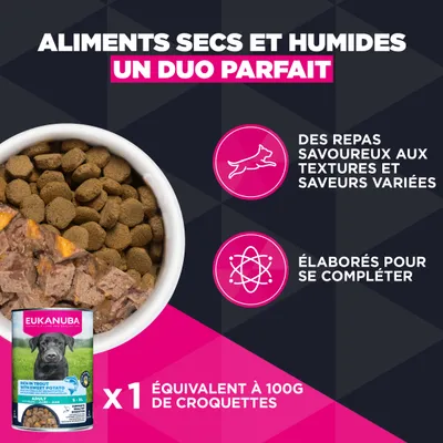Eukanuba Adulte à la truite et à la patate douce, combinaison de croquettes et de nourriture humide. 1 boîte équivaut à 100 g de croquettes. Eukanuba Adulte à la truite et à la patate douce, combinaison de croquettes et de nourriture humide. 1 boîte équivaut à 100 g de croquettes.