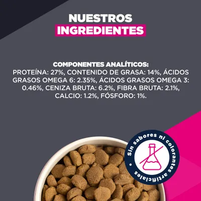 Componentes analíticos: proteína 27%, contenido de grasa 14%, ácidos grasos omega-6 2,35%, ácidos grasos omega-3 0,46%, ceniza bruta 6,2%, fibra bruta 2,1%, calcio 1,2%, fósforo 1%. Sin aromas ni colorantes artificiales.
