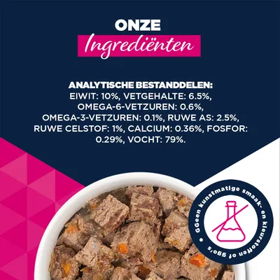Analytische bestanddelen: Eiwit 10%, vetgehalte 6,5%, omega-6-vetzuren 0,6%, omega-3-vetzuren 0,1%, ruwe as 2,5%, ruwe vezel 1%, calcium 0,36%, fosfor 0,29%, vocht 79%. Geen kunstmatige aroma's of kleurstoffen. Analytische bestanddelen: Eiwit 10%, vetgehalte 6,5%, omega-6-vetzuren 0,6%, omega-3-vetzuren 0,1%, ruwe as 2,5%, ruwe vezel 1%, calcium 0,36%, fosfor 0,29%, vocht 79%. Geen kunstmatige aroma's of kleurstoffen.