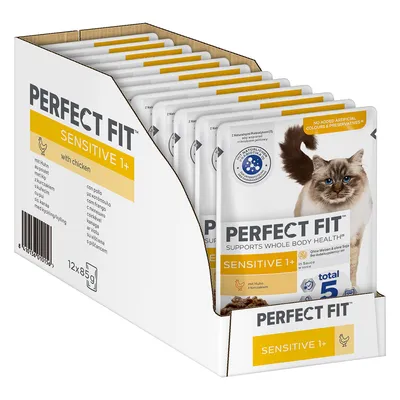 Perfect Fit Sensitive 1+ с пиле, 12x85g. Подпомага цялостното здраве, без изкуствени оцветители и консерванти. За чувствителни котки над 1 година.