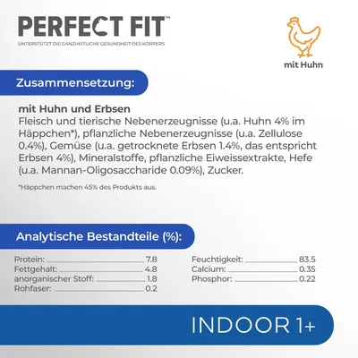 Perfect Fit Indoor 1+ mit Huhn und Erbsen. Zusammensetzung: Fleisch, tierische Nebenerzeugnisse, Gemüse, Mineralstoffe, Zucker. Analytische Bestandteile: Protein 7.8%, Fett 4.8%, Feuchtigkeit 83.5%.