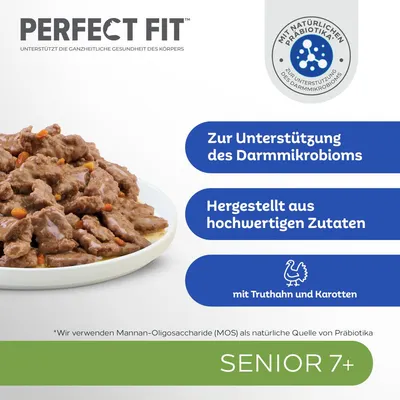 Perfect Fit Senior 7+ kalkkunalla ja porkkanoilla. Tukee suoliston mikrobistoa luonnollisilla prebiooteilla. Valmistettu laadukkaista ainesosista.