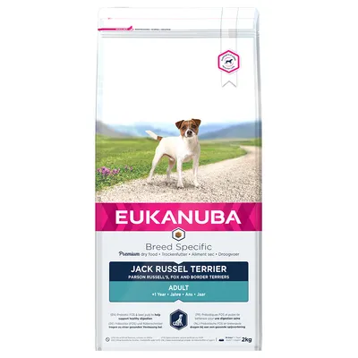 EUKANUBA Breed Specific tørfoder til Jack Russel Terrier, Parson Russell’s, Fox og Border Terriers, ADULT +1 Year, 2 kg. Synlig hundebillede på pakken.