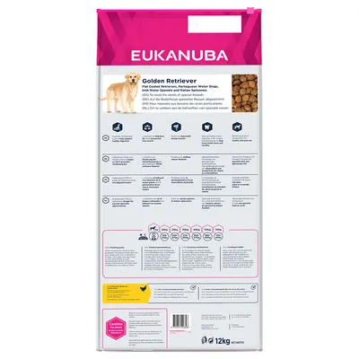 EUKANUBA Golden Retriever tørfoder, fodringsvejledning med vægtintervaller og daglige mængder, tekst på flere sprog, 12 kg netto. Billede af foderpiller og hund synligt.