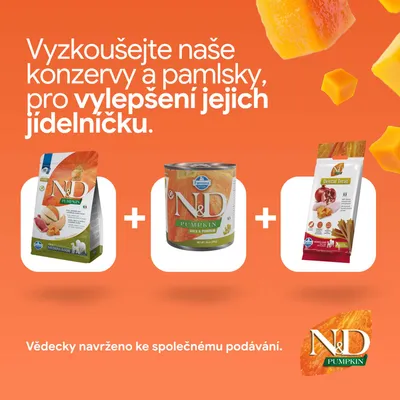 N&D Pumpkin suché krmivo, mokré krmivo a dentálne maškrty. Odporúčané na obohatenie jedálnička. Vedecky vyvinuté na spoločné kŕmenie. N&D Pumpkin suché krmivo, mokré krmivo a dentálne maškrty. Odporúčané na obohatenie jedálnička. Vedecky vyvinuté na spoločné kŕmenie.