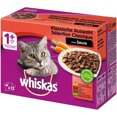 Whiskas Klassische Auswahl in Sauce, 12× kapsiček pro kočky od 1 roku, s kuřetem a hráškem, hovězím, krůtou, jehněčím a mrkví. Viditelný text v němčině a francouzštině.