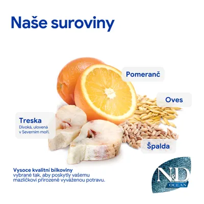 Abstrakce ingrediencí s pomerančem, ovsem, špaldou a treskou. Text: Kvalitní proteiny pro vyváženou výživu zvířat. Značka: N&D Ocean. Abstrakce ingrediencí s pomerančem, ovsem, špaldou a treskou. Text: Kvalitní proteiny pro vyváženou výživu zvířat. Značka: N&D Ocean.