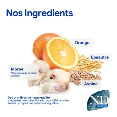 Ingrédients : orange, cabillaud de la mer du Nord, épeautre, avoine. Protéines de haute qualité pour un repas équilibré. Marque : N&D Ocean. Ingrédients : orange, cabillaud de la mer du Nord, épeautre, avoine. Protéines de haute qualité pour un repas équilibré. Marque : N&D Ocean.