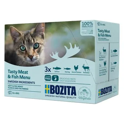 Embalagem de comida húmida para gatos Bozita Tasty Meat & Fish Menu, 12 x 85 g, com salmão, arenque, frango e rena. Texto visível: 100% animal protein, grain free, Swedish ingredients.