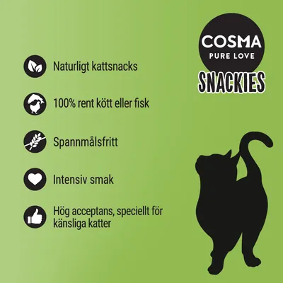 COSMA PURE LOVE SNACKIES. Naturligt kattsnacks, 100% rent kött eller fisk, spannmålsfritt, intensiv smak, hög acceptans speciellt för känsliga katter.