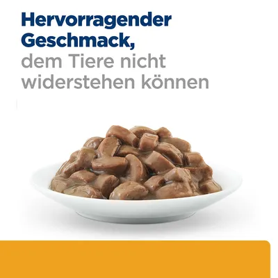 Hervorragender Geschmack, dem Tiere nicht widerstehen können (texte en allemand) au-dessus d'une assiette de bouchées en sauce pour animaux.