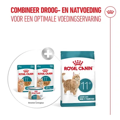 Royal Canin 11+ Senior Katten Droog- en Natvoer, Opmerking: Combineer voor optimale voeding. Verpakkingen met afbeelding van een kat, tekst in het Nederlands. Royal Canin 11+ Senior Katten Droog- en Natvoer, Opmerking: Combineer voor optimale voeding. Verpakkingen met afbeelding van een kat, tekst in het Nederlands.