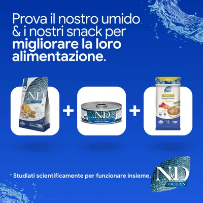 N&D Ocean crocchette, alimento umido e snack. Sviluppato scientificamente per migliorare l'alimentazione insieme.