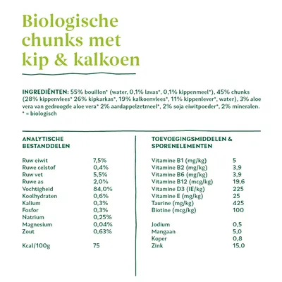 Biologische chunks met kip & kalkoen. Ingrediënten: 55% bouillon, 45% chunks (28% kippenvlees, 19% kalkoenvlees). Analytische bestanddelen: eiwit 7,5%, vet 5,5%. 75 kcal/100g.