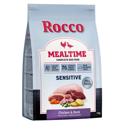 Rocco Mealtime Sensitive Huhn & Ente, getreidefreie Rezeptur, 70% tierische Zutaten, reich an frischer Ente. Voller Geschmack. Komplettes Hundefutter, Packung 1 kg. Rocco Mealtime Sensitive Huhn & Ente, getreidefreie Rezeptur, 70% tierische Zutaten, reich an frischer Ente. Voller Geschmack. Komplettes Hundefutter, Packung 1 kg.