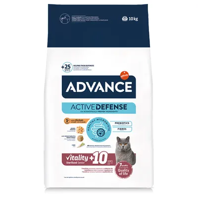 Advance Active Defense krmivo pro sterilizované starší kočky, Vitality +10 let, s kuřecím, prebiotiky a vlákninou. 7 výhod pro kvalitu života. Velikost balení: 10 kg.