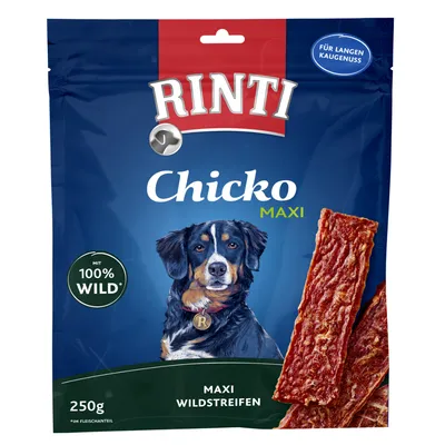 Rinti Chicko Maxi fâșii de vânat, pachet de 250g. Cu 100% vânat și conținut ridicat de carne. Pentru mestecat prelungit.