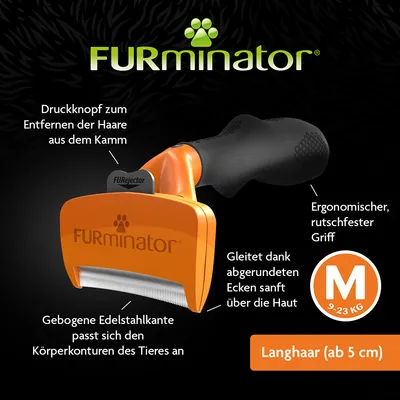 FURminator für Langhaar-Tiere ab 5 cm, Grösse M (9-23 kg). Druckknopf zum Entfernen der Haare aus dem Kamm, gebogene Edelstahlkante, ergonomischer rutschfester Griff, gleitet sanft über die Haut.