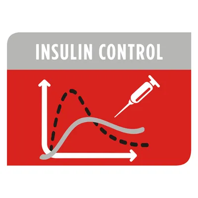 Insulin control feature with graph showing stabilised insulin levels and syringe icon, indicating product supports insulin management.