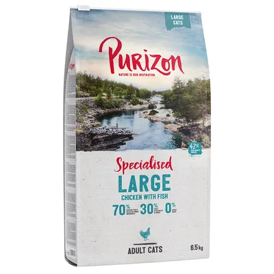 Purizon Specialised Large Chicken with Fish for adult cats, 70% animal ingredients, 30% fruit and herbs, 0% added grain, 6.5kg bag, suitable for large cats.