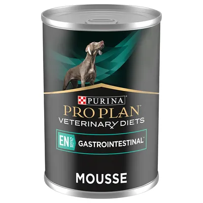 Blik Purina Pro Plan Veterinary Diets EN Gastrointestinal Mousse, afbeelding van hond op het etiket. Productnaam en type duidelijk zichtbaar.