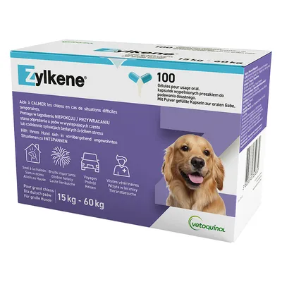 Boîte Zylkene 100 gélules pour usage oral, pour chiens de 15 kg à 60 kg. Texte visible : aide à calmer les chiens en situations difficiles temporaires. Marque Vetoquinol.